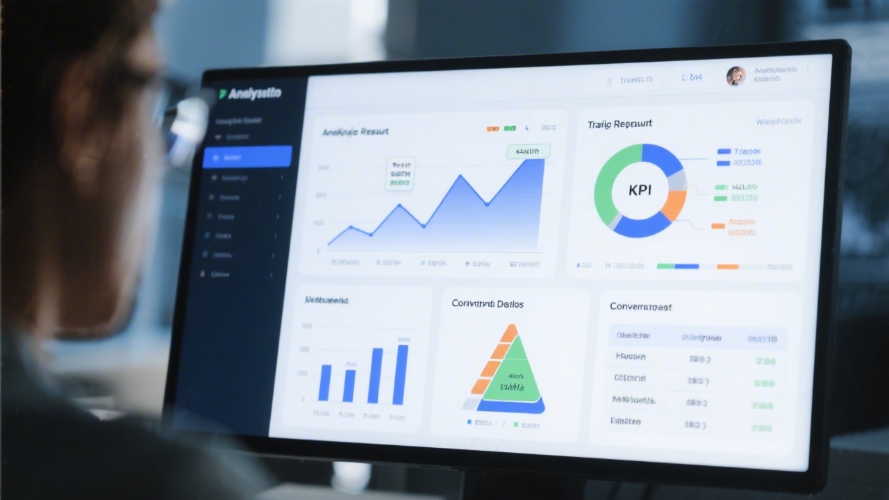 Analytics report with traffic growth charts, conversion funnels and KPI tables on a screen, demonstrating data-driven marketing evaluation.