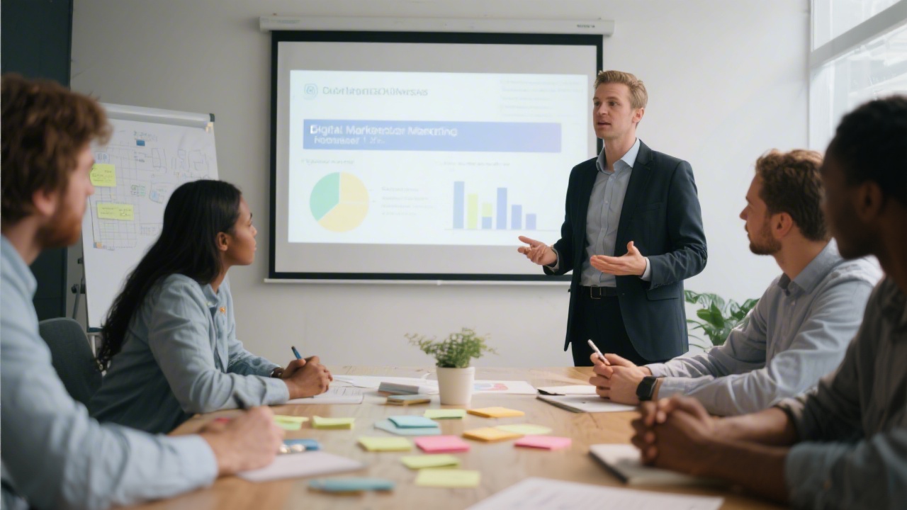 Professional instructor guiding small business participants during a digital marketing workshop, with presentation slides and collaborative notes on the table.