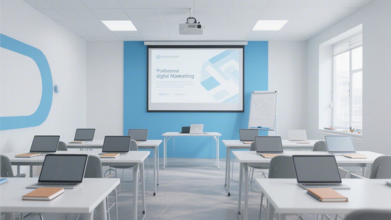 Bright modern training room with laptops and notebooks on desks, a projector screen and subtle blue accents, representing a professional digital marketing course environment.