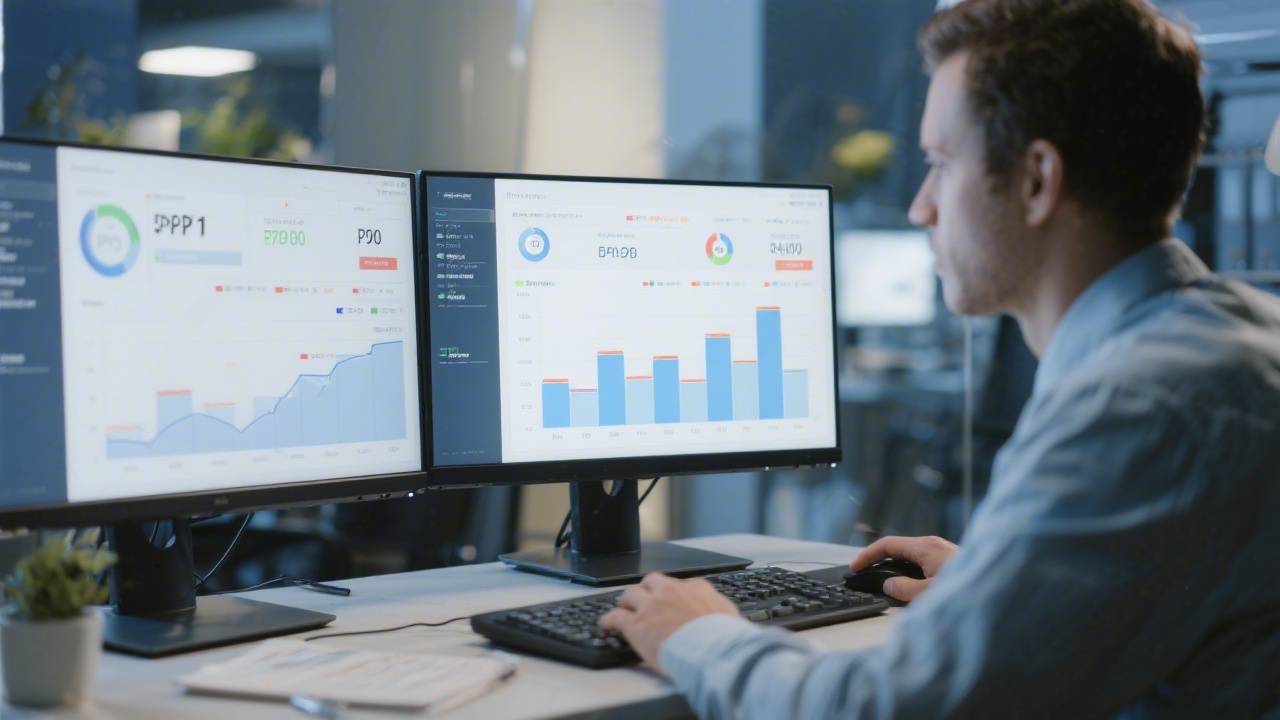Marketing specialist analyzing PPC campaign results on a dual monitor setup with charts, indicating structured paid advertising optimization training.