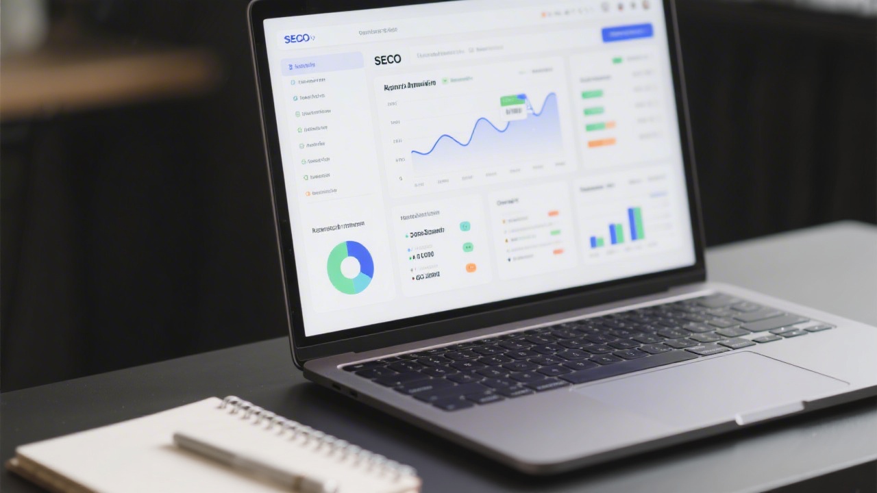 Close-up of a laptop showing SEO analytics dashboards and keyword research tools with a notebook, representing structured search optimization training.