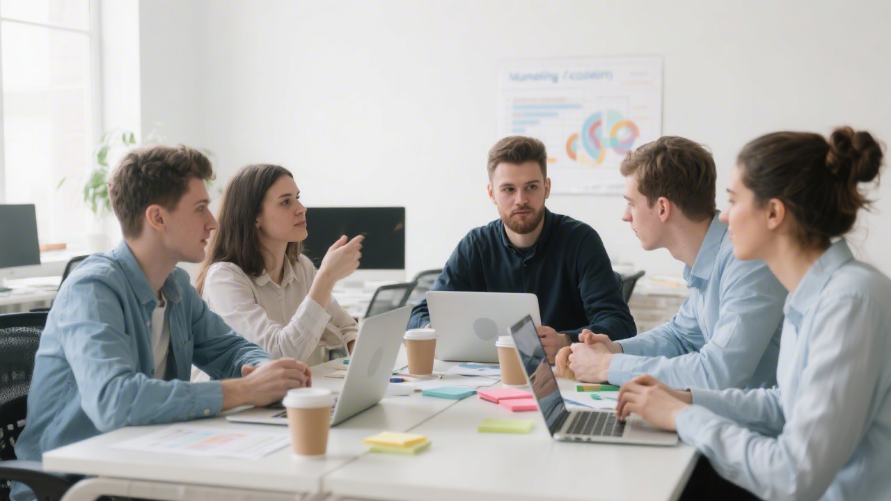 Collaborative team in a bright office discussing marketing strategy around a table with laptops, notes and coffee, representing a young academy team.